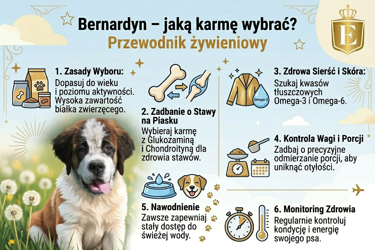 Jaka karma dla bernardyna infografika dieta psa dużej rasy żywienie szczeniaka i dorosłego bernardyna